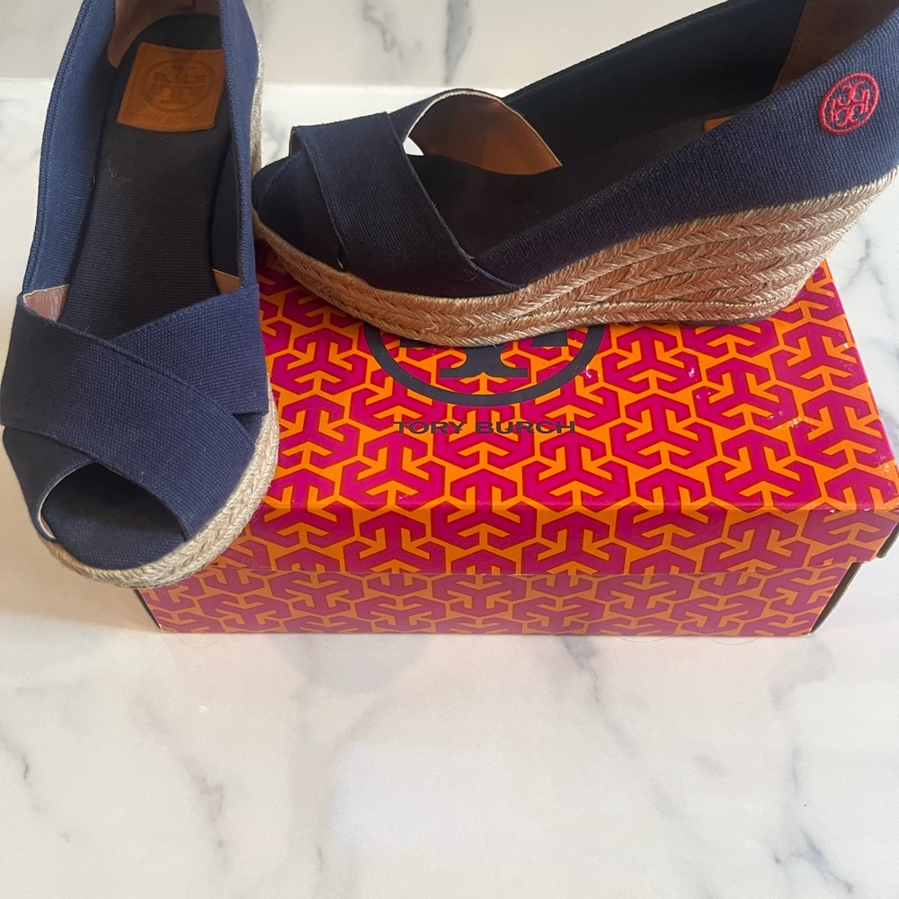 Tory Burch Navy Wedge Espadrilles